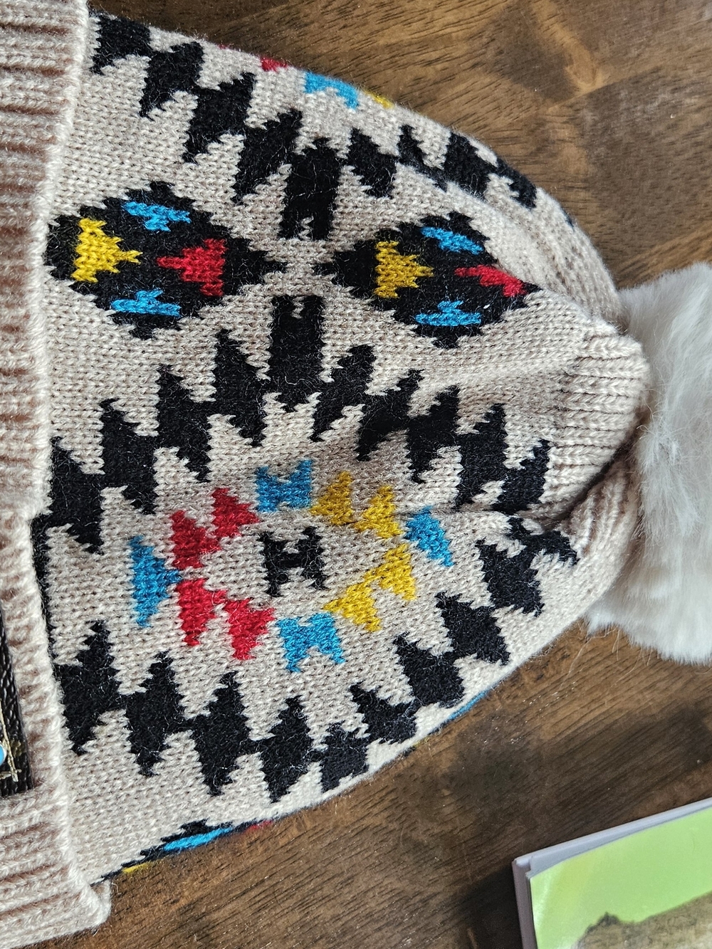 Beige Knit Pom Pom Beanie with Colorful Aztec Pattern